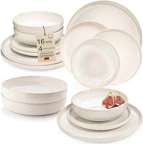 SÄNGER Korfu Geschirrset 4 Personen, Teller Set 16-tlg, Creme, Beige | Handmade steingut geschirr set, Ess-, Dessert-, tiefe Teller & Pastateller, spülmaschinengeeignet, mikrowelle