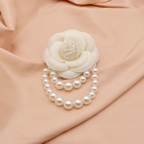 Image of Elegant Camellia Flower Faux Pearl Brooch Pin,Bohemian Fabric Flower Brooch Pins Pearl Tassel for Women Teen Girls, Corsage Wedding Brooches Clothes Dress Coat Accessories Jewelry Gift