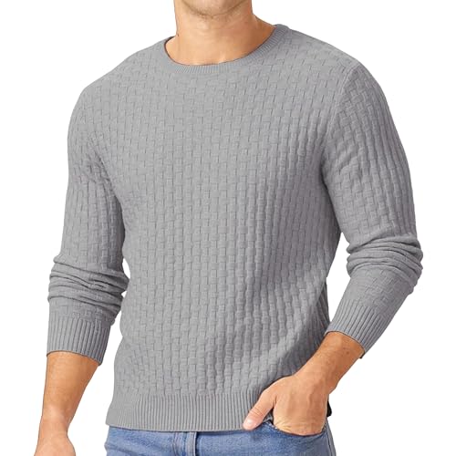 Qolkmuiy-GJ Men's Pullover Thickened Knitting Sweater Casual Crewneck Cable Knit Sweatshirt Twist Textured Sweaters (Light Grey,XX-Large)
