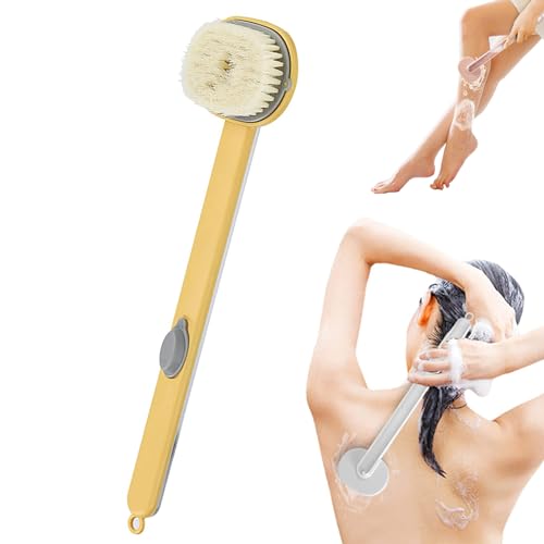 Ocennu ロングハンドルバスマッサージクリーニングブラシ、ソープディスペンサー付きロングハンドル液体バスブラシ、シャワー用バスブラシロングハンドル、シャワー用取り外し可能なマッサージブラシヘッドバックスクラバー (イエロー)