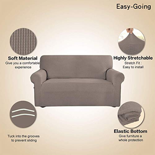 Image of Easy-Going Stretch Loveseat Slipcover 1-Piece Sofa Cover Furniture Protector Couch Soft with Elastic Bottom for Kids Polyester Spandex Jacquard Fabric Small Checks (Loveseat, Taupe)
