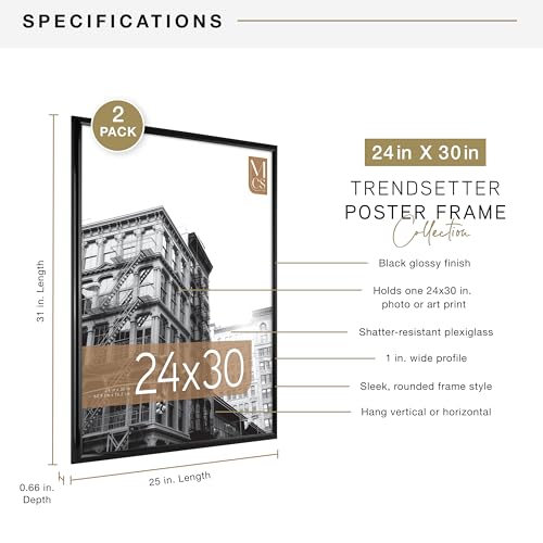 MCS Trendsetter 24x30 Poster Frame Black High-Gloss, Vertical & Horizontal Wall Hanging Large Picture Frame for Photos, Posters & Art Prints (2-Pack)