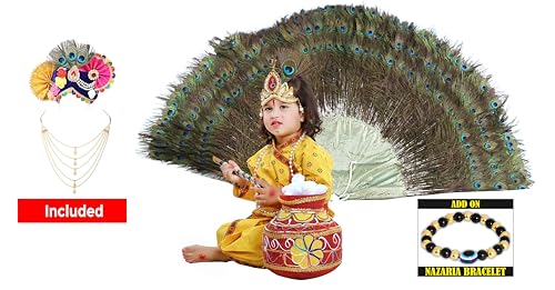 Image of Krishna Dress for Kids, Baby Krishna Dress for Janmashtami with Krishna Mukut, Peacock Feather & Flute Embroidered Krishna Costume for Girl & Boy, 3 Months-8 Years