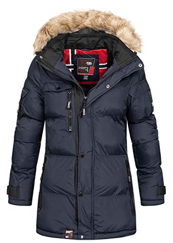 Geographical Norway - Chaqueta de invierno acolchada para mujer, transpirable, resistente al viento, impermeable, capucha desmontable para mujer azul marino XXL