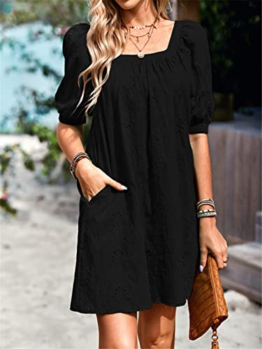 Robe d'été blanche col carré à manches bouffantes décontractée courte
