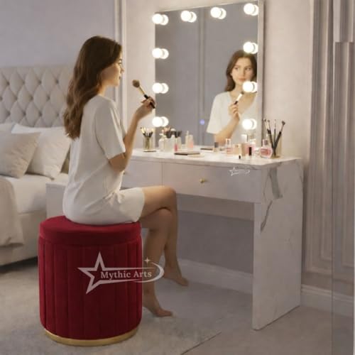 Image of Round Strip Stool with Cushion Foot Rest Office Stool Pouf Ottoman Padded Seat in Living Room - RED
