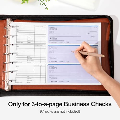 Image of SUNEE Zippered Business Checkbook Binder 7 Ring 1 Inch with Zipper for Business Checks (9 inch x 13 inch), PU Leather Check Binder Holds 600 Checks Capacity for Executive Supplies, Brown
