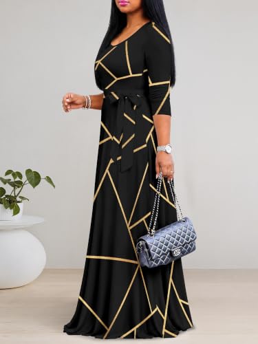 Image of PinkPatty Women's Plus Size Maxi Dresses Casual Flowy 3 /4 Sleeves Dress Printed Vacation Dress for Daily Wear with Belt