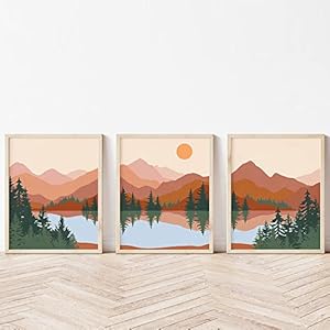 Mid Century Wall Art Boho Abstract Mountain Lake Bomen Poster Print Nordic Foto Natuur Landschap Canvas Schilderij Woonkamer 50x70cmx3 Unframed