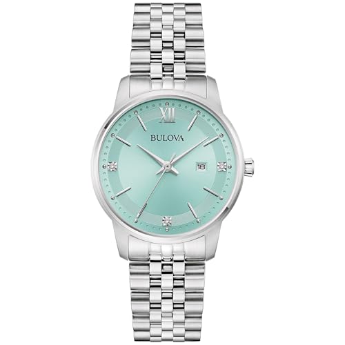 Bulova Ladies Quartz Dress Classic Watch Silver-Tone Stainless Steel Bracelet Aqua Dial Calendar Style: 96P259