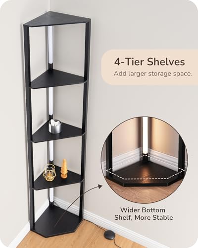 Image of EDISHINE 64'' Corner Display Shelf Floor Lamp, 3CCT, Floor Lamp, Black | Stepless Dimming, Modern 4-Layer Shelf, Foot Switch, 3000K-4000K-5000K, Tall Corner Lamp for Bedroom, Office, Dining Room
