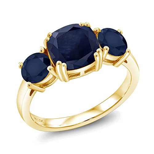 Gem Stone King 18K Yellow Gold Plated Silver Blue Sapphire 3 Stone Engagement Ring For Women (4.02 Cttw, Gemstone September Birthstone, Cushion 8MM and Round 5MM, Available in Size 5,6,7,8,9) - Main Image