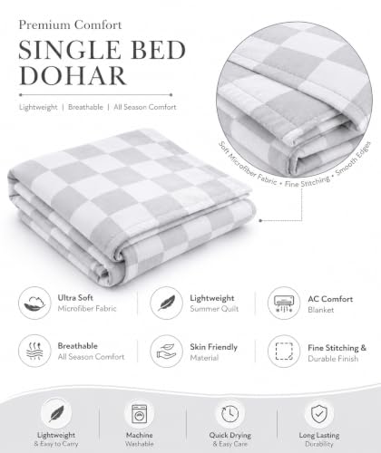 Image of Single Bed Dohar Soft Grey Check | Lightweight Summer Quilt | Soft Microfiber AC Blanket | Breathable All Season Comforter | Skin Friendly Bed Cover