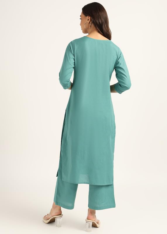 Image of BLOCKS OF INDIA Women's Solid Straight Kurta Set | Hand-Stitched Neck Details with Pintucks | Comfortable Pants with Pockets, Elastic Waist & Drawstring Fit