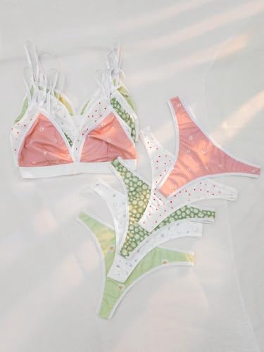 Image of BEAUDRM Women's 5 Sets Matching Bra and Panty Set Polka Dots Print Lingerie Set Triangle Bralettes and Low Rise Thong Set