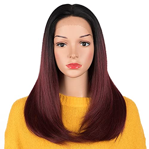 Straight 13x4 Lace Front Wigs Burgundy Lace Front Wigs Long Bob Synthetic Ombre Wine Red Wig Pre-plucked with Baby Hair Free Part Heat Resistant Synthetic Lace Wigs for Women 20 Inch