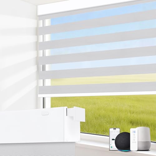 Image of No Drill Motorized Blinds with Remote,75% Blackout Electric Zebra Shades Light Filtering, Dual Layer Smart Automatic Zebra Blinds for Indoor Windows,Compatible with Alexa,Google,Gray,Custom Sizes