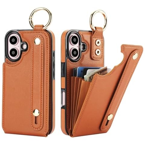 Folosu for iPhone 16 Wallet Case with Card Holder, Hand Wrist Strap Loop Holder Kickstand, RFID Blocking Finger Grip Ring PU Leather Double Buttons Shockproof Cover 6.1" Brown Cover