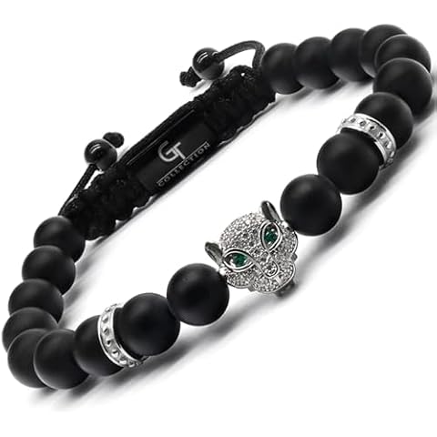 GT collection Handcrafted Leopard Beaded Bracelets for Men - Black Onyx Stone Bracelets - Mens Bracelet with Stainless Steel Leopard Bead, Adjustable Cord, & Powerful Gemstones Cover