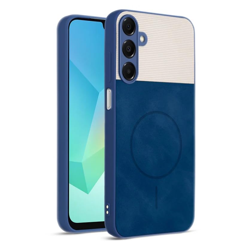 Image of Bintage CASE Mac Safe Design Hard Light Weight Back Case | Soft Border Camera Protect | Dual PU Leather Finish Back Cover Compatible for Samsung Galaxy F15 5G - White & Blue