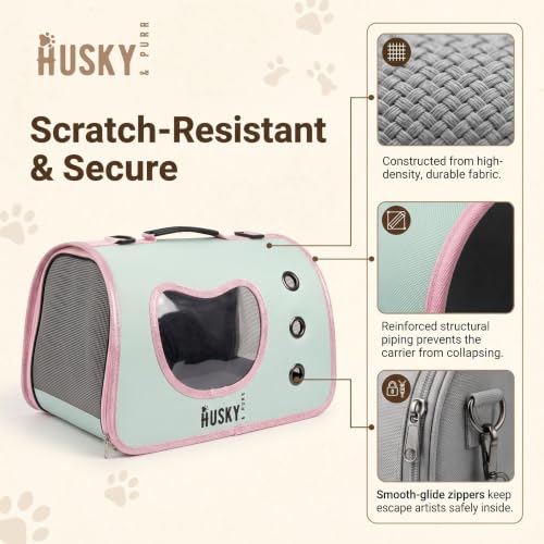 Image of Husky & Purr Pet Carrier Bag for Cats and Small Dogs | Compact Cat Carrier Bag with Heart Window | Breathable Mesh Dog Carrying Bag | Portable Cat Bag for Travel & Vet Visits | Holds up to 5kg
