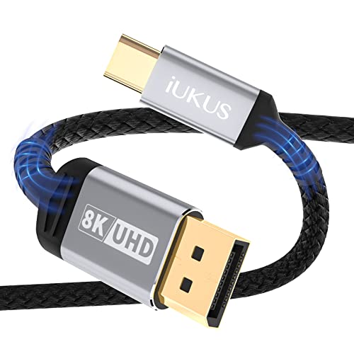 USB C to Displayport 1.4 Cable, IUKUS USB Type C to DP 8K Cable Adapter [8K@60Hz, 2K@240Hz] [32.4 Gbps, Thunderb0lt 3/4 Compatible] for MacBook Pro, M1 Mac Mini, Mac Studio, Dell, XPS (2M/6.6FT, Gray) Cover