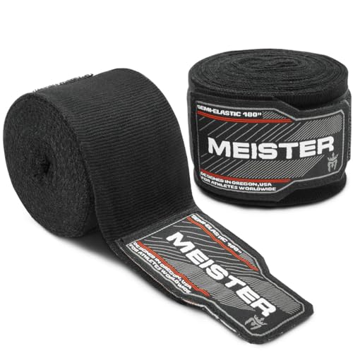 Meister MMA Adult 180' Semi-Elastic Hand Wraps for MMA & Boxing (Pair) - Black