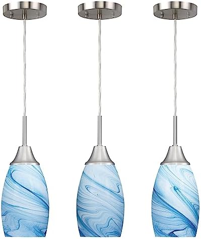 Mini Glass Pendant Light with Handblown Blue Marble Art Glass Shade Adjustable Cord Modern Oval Lamp Ceiling Pendant Light Fixture for Dining Room, kitchen,Foyer, Hallway, Brushed Nickel Finish 3 Pack
