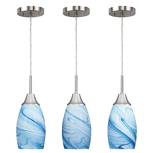 Mini Glass Pendant Light With Handblown Blue Marble Art Glass Shade Adjustable Cord Modern Oval Lamp Ceiling Pendant Light Fixture For Dining Room, Kitchen,Foyer, Hallway, Brushed Nickel Finish 3 Pack #TOP5