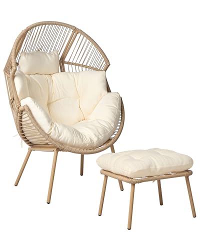 Beliani Gartensessel mit Hocker PE Rattan natürlich Auflagen cremeweiß Boho-Stil Murano