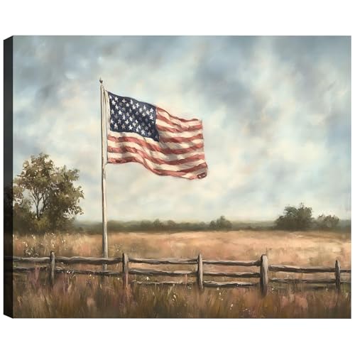 Image of Framed Vintage American Flag Field Wall Art, Patriotic Rustic Canvas Art Pictures, USA Flag Wall Decor for Living Room Farmhouse Garage, Ready to Hang Made in USA