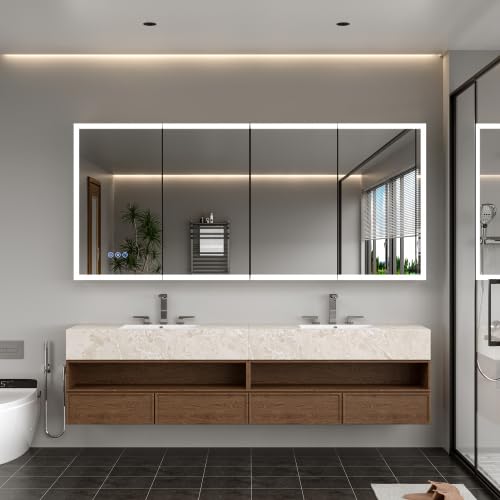 72" x 32" lighted medicine cabinet with mirror, bathroom medicine cabinet with lights, dtc hinges, anti-fog, recessed or wall mounted, 3 color temperatures