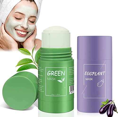 Green Stick Mask, Green Tea Cleansing Mask, Mascarilla Limpiadora Facial, Mascarilla Purificadora de Té Verde y Berenjena para limpieza del acné,Hidratar Piel Control de Aceite Anti Acné(2 Sticks)