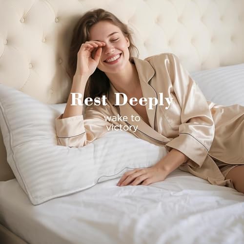 Image of viewstar Pillows Queen Size Set of 2, Firm Support Bedding, Striped White | Supportive, Luxury Hotel Quality, Fluffy, Oeko-Tex Certified, Plump Filling, for Side Back Sleepers, Machine Washable