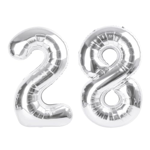 Image of Number Balloons 28 Balloon Silver for 28 Birthday Party Decoration, 40 inch | Saturated Color, Large 40 inch, With Straw & Hanging Hole, For Back-To-School Season, Anniversary, Christmas, New Year