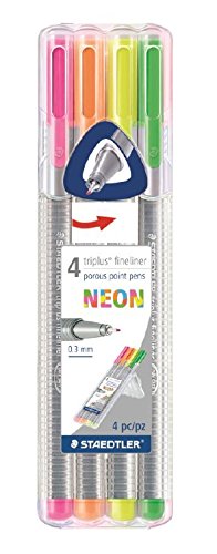 Staedtler Triplus Fineliner Neon Coloring Pens, 0.3mm, Metal Clad Tip, 4/PK