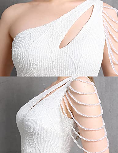 Image of Women One Shoulder 1920s Plus Size Formal Dress Tassels Sleeve Sequins Gatsby Maxi Evening Gown