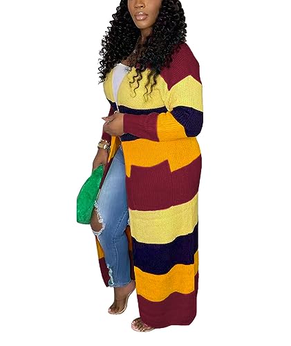 Image of SOMTHRON Women's Fall Cardigan Sweater Open Front Color Block Striped Knit Long Draped Coat Duster Outerwear