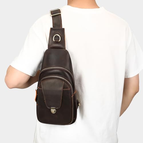 Image of NIUCUNZH Genuine Leather Sling Bag Front Metal-Latch Crossbody Bags Handmade Vintage Chest Shoulder Backpack for Women Men