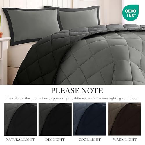 Image of Madison Park Comforter Set, Reversible Down Alternative All Season Microfiber Bedding, 3M Scotchgard Stain Release, Full /Queen Dorm Comforter, Black /Grey