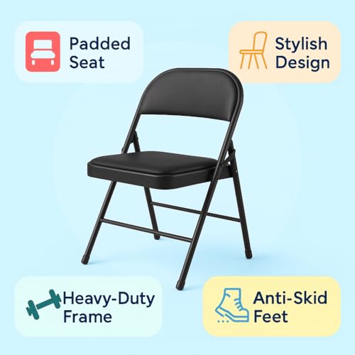 Image of MLU Heavy Duty Metal Folding Chair with Padded Seat & Backrest, Black, Cushioned Portable with Anti-Skid Feet, Strong Steel Frame