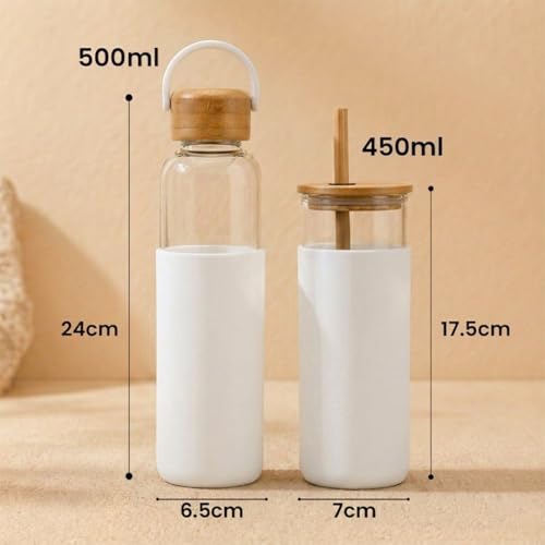 Image of Giftana Personalized Borosilicate Glass Water Bottle 500ml with Glass Sipper Tumbler 450ml, Reusable Leakproof Drinking Bottle with Silicone Sleeve, Eco-Friendly Bottle for Office Gym Travel (White)