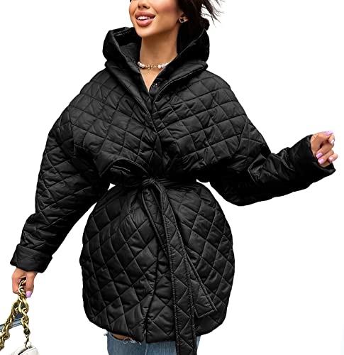 BTFBM Women Button Down Quilted Jacket Coat Winter Fashion Belted Removable Padded Hood Puffer Outerwear With Pockets(Solid Black, Large)
