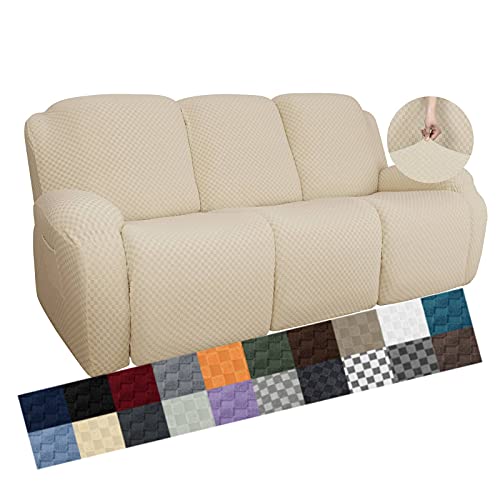Image of YEMYHOM 8 Pieces Stretch Recliner Sofa Cover Jacquard Reclining Couch Cover with Side Pocket Anti-Slip Fitted 3 Cushion Furniture Slipcovers with Elastic Bottom (Sofa Recliner, Beige)
