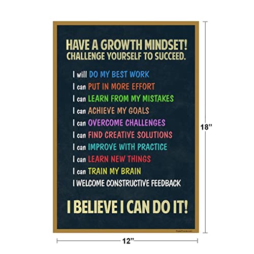 Image of Growth Mindset Poster Chalkboard Brights Classroom Decor Inspirational Posters Decorations Motivational Class Rules Cool Wall Art Print Poster 12x18