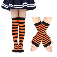 Fancy Kniestrümpfe Mädchen 6-12 Jahre, Stulpen Mädchen mit Langen Fingerlosen Handschuhen Mädchen Kostüm Oberschenkel Hohe Socken für Weihnachten Halloween Karneval Themenparty (Orange und Schwarz)