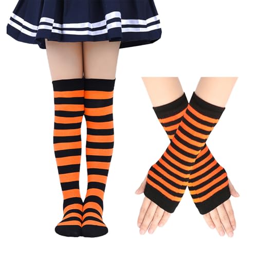 EQLEF Striped Over Knee High Socks for Girls 6-12 Years, Knee Socks Girls with Long Fingerless Gloves Girl Costume Thigh High Sock for Christmas Halloween Carnival Themed Party (Orange and Black)