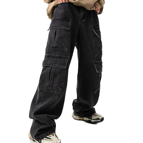 Pantalones vaqueros holgados para hombre de estilo cargo - Pantalones vaqueros anchos con muchos bolsillos | Pantalones casuales para un look Y2K, Style_e01 Negro, L
