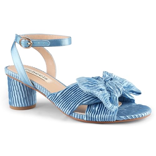 Zzheels Women's Bow Knot Heeled Sandals Open Toe High Block Ankle Strap Chunky Heels Bride Wedding Shoes