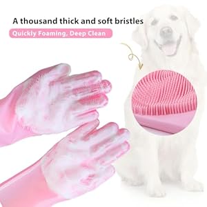 Dog Cat Grooming Gloves with High Density Silicone Teeth Heat Resistant Bathing Gloves for Hair Removal Massage Deshedding Enhanced 5 Finger Design Pink 1 Pair